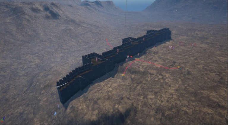 Aerial view of two teams clashing near fortress walls