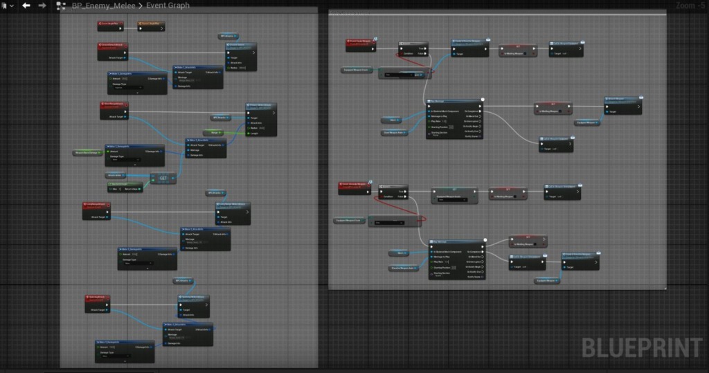 Melee unit blueprint showing target acquisition and attack states