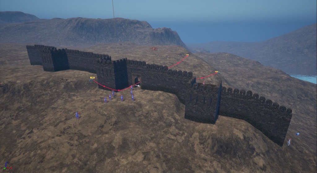 Mounted archers positioning around fortress entrance