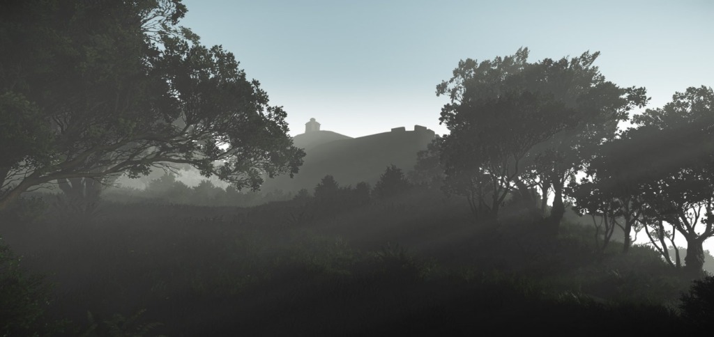 The hilltop shrine emerges from morning fog, just visible through the canopy