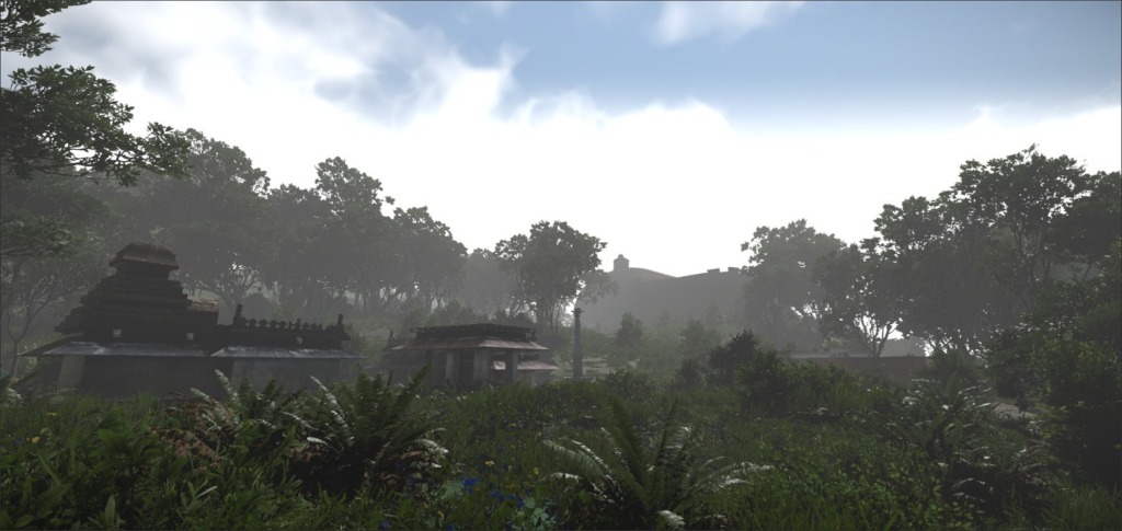 Temple grounds emerging from dense foliage in diffused daylight