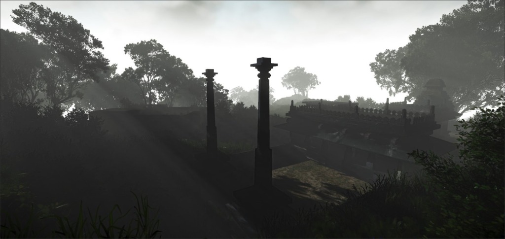 Standing pillars lead the eye toward distant Temple structures